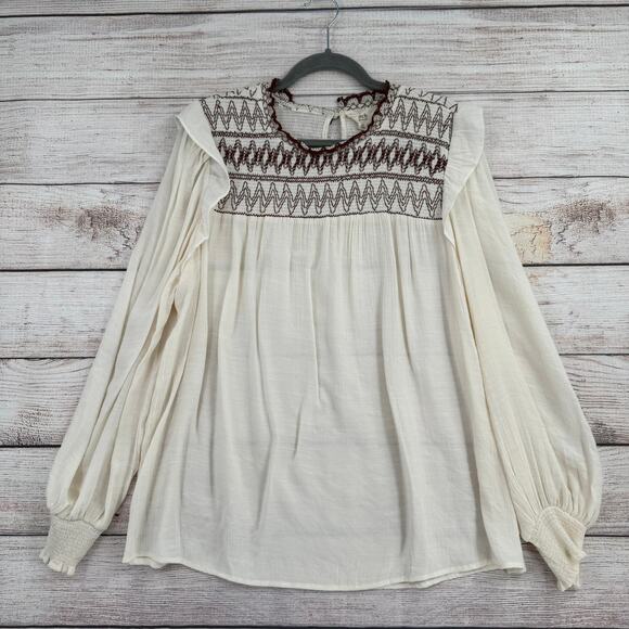 Perch by Blu Pepper Embroidered Blouse Womens 2XL Cream Brown Ruffles - Picture 1 of 13
